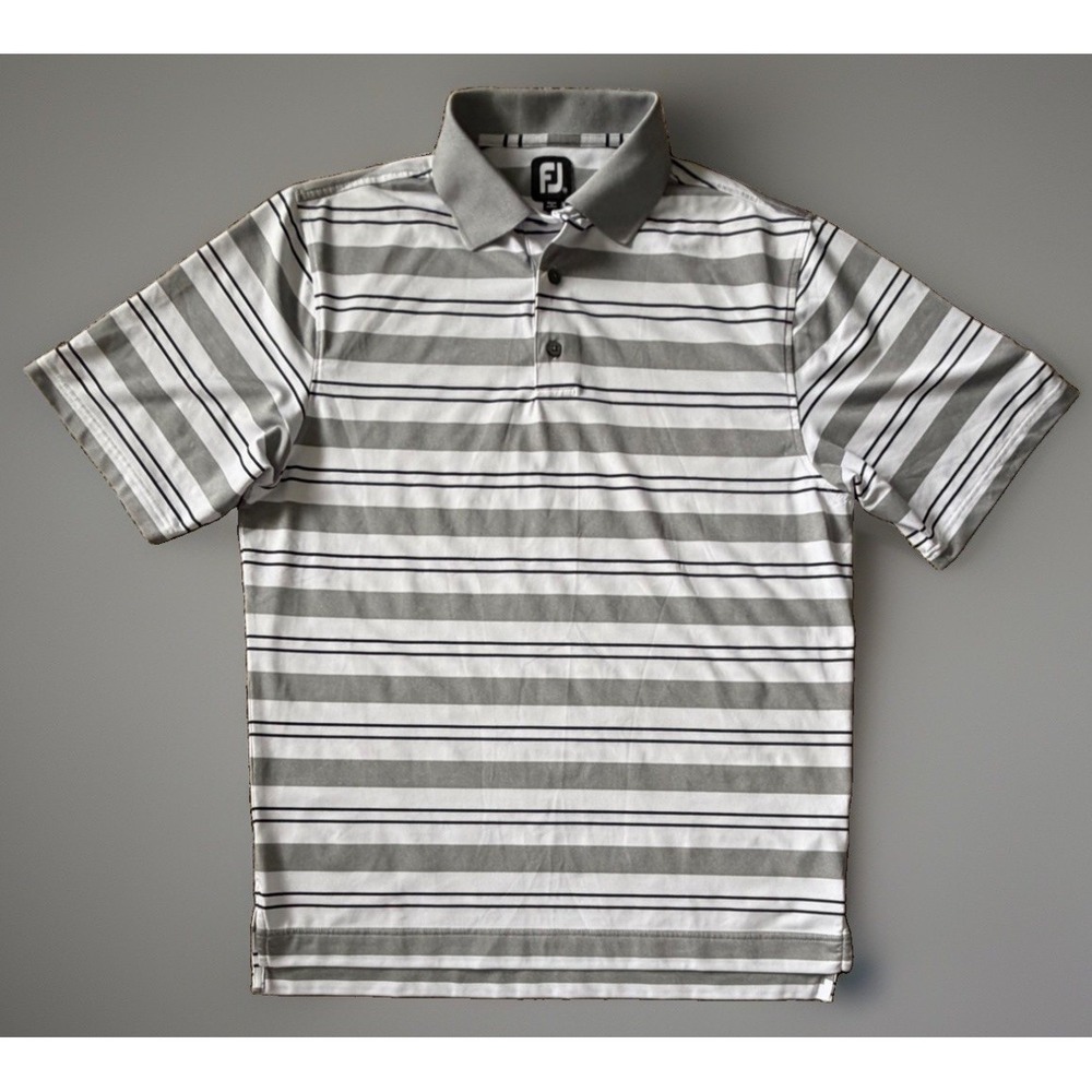 FootJoy Short Sleeve Golf Polo Shirt White Silver Striped Logo Medium JBHS